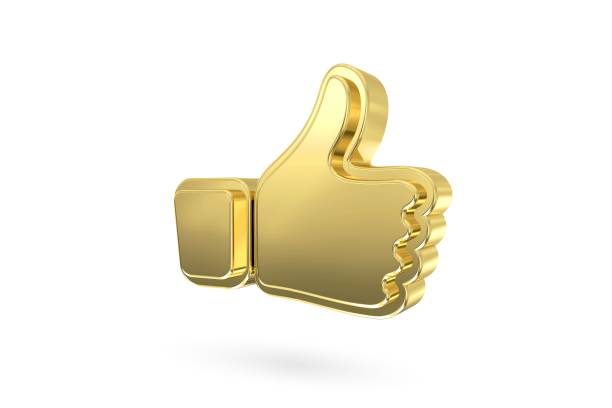 Abstract gold thumb up icon isolated from the white background. 3d rendering stock photo
