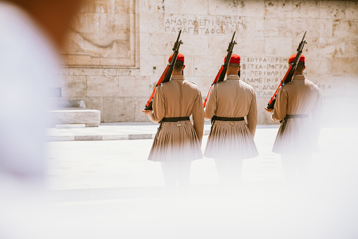 Athens, Greece - April 17, 2022: changing of the guard outside of the parliament building in Athens.