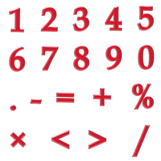 litery numeryczne z symbolem procentowym, plus, minus, równa się i symbol kropki - ilustracja 3d - number 4 gold number three dimensional shape zdjęcia i obrazy z banku zdjęć