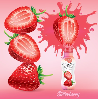 Strawberry bottle design with strawberry  juice splashes.illustration vector
