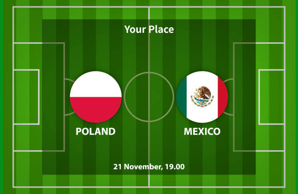 Poland Versus Mexico Football or Soccer Poster Poland Versus Mexico Football or Soccer Poster Match Design with flag and football field background mexico poland stock illustrations