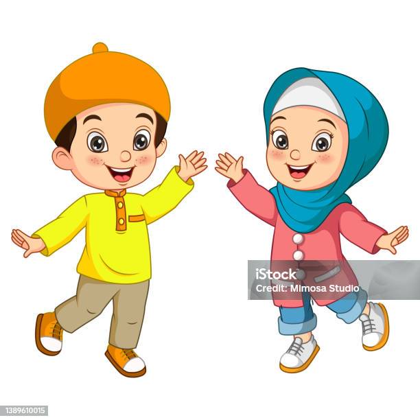 Happy Muslim Boy And Girl Cartoon Stock Illustration - Download Image Now - Cartoon, Islam, Praying