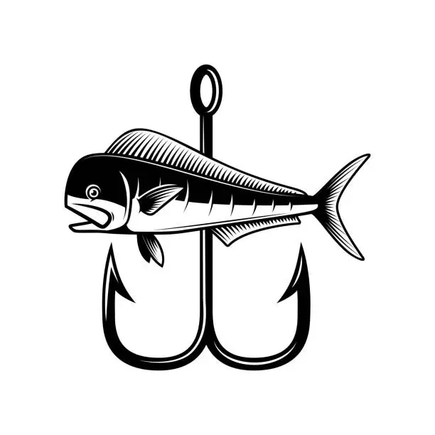 Vector illustration of Mahi mahi fish and crossed fishing hooks. Design element for emblem, sign, poster, t shirt. Vector illustration