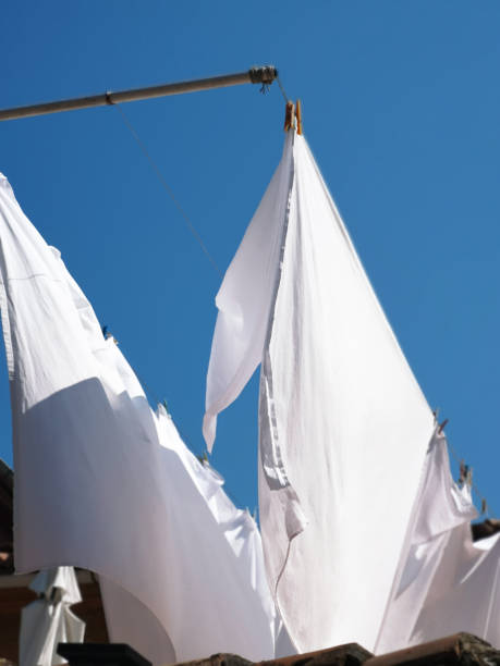 istock Washed bed linen flies on a sunny day 1389617593