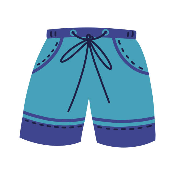 männer strandshorts vektor-symbol. handgezeichnete illustration isoliert auf weißem hintergrund. mode sommerkleidung für sport, erholung, sonnenbaden. blaue badehose auf gummizug, mit kordelzug, taschen - swimming trunks swimwear clothing beach stock-grafiken, -clipart, -cartoons und -symbole