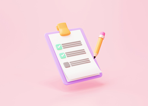 Checklist clipboard and pencil icon sign or symbol reminder checkbox document report concept on pink background 3d rendering