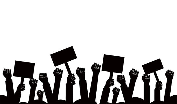 ilustrações de stock, clip art, desenhos animados e ícones de group of fists raised in air. group of protestors fists raised up in the air vector illustration - greve