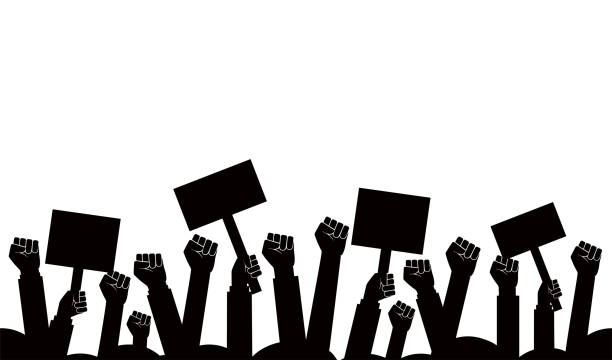 группа кулаков, поднятых в воздух. группа протестующих кулаками подняли в воздух вектор иллюстрации - protestor protest riot strike stock illustrations