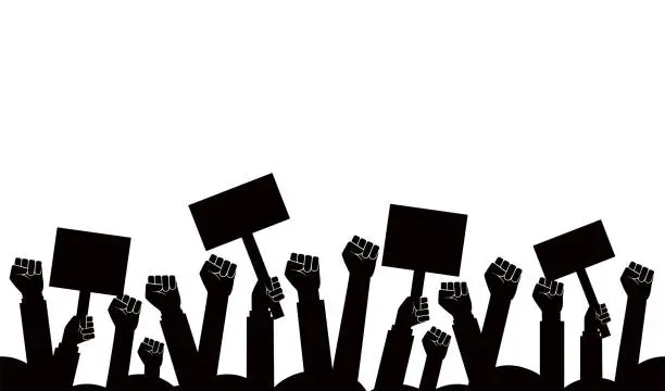Vector illustration of Group of fists raised in air. Group of protestors fists raised up in the air vector illustration