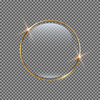 Button of round shape with gold shiny circle frame and glass clear surface vector illustration. Realistic 3d glossy panel with bright light effect on border isolated on transparent background