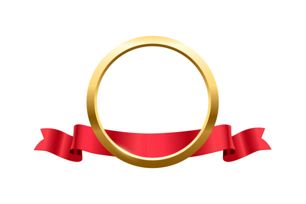 赤いシ�ルクリボンの3dゴールドリング、サークルゴールドフレームとキラキラのお祝いバッジ - gold medal medal ribbon gold点のイラスト素材／クリップアート素材／マンガ素材／アイコン素材
