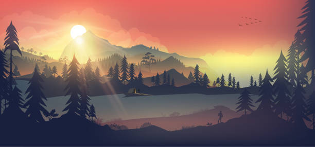 Hiker near mountains and a river Hiker near mountains and a river autumn mountain landscape sunset stock illustrations