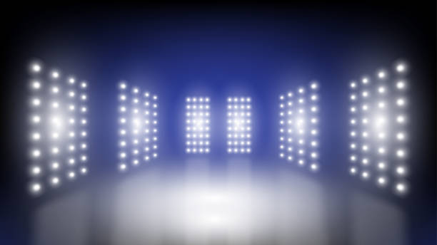 istock Abstract technology background stadium stage hall with scenic lights of round futuristic technology user interface Blue vector lighting empty stage spotlight background. 1389623937