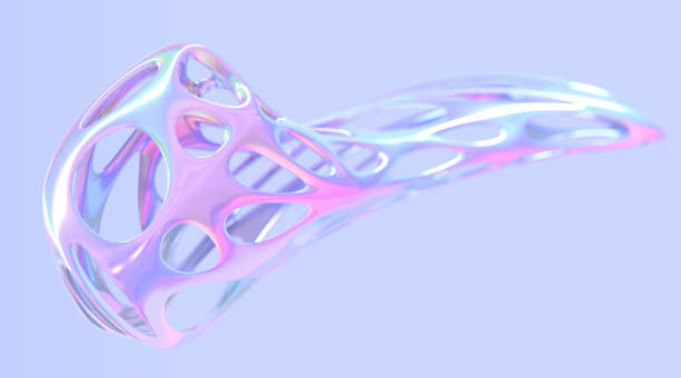 3D holographic abstract shape, chromatic hollow object with holes, futuristic design element with gradient pearlescent texture. Modern iridescent metal figure isolated on blue background, 3D render.