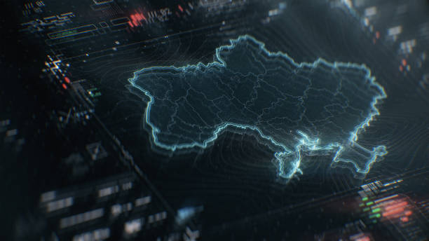 Map of Ukraine infographics on digital screen
