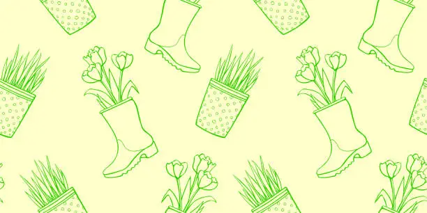 Vector illustration of Vector seamless pattern of flower pots with decorative grass, plant, tulips in rubber rain boots. Cute spring summer texture in cartoon doodle style, isolated. Home, garden decoration theme