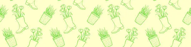 Vector illustration of Vector seamless pattern of flower pots with decorative grass, plant, tulips in rubber rain boots. Cute spring summer texture in cartoon doodle style, isolated. Home, garden decoration theme