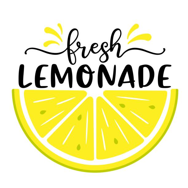 Vector illustration with quote Fresh Lemonade and half slice of lemon on white background. Summer exotic fresh drink. Home made Lemonade, poster, template. Vector illustration with quote Fresh Lemonade and half slice of lemon on white background, Summer exotic fresh drink. freshly squeezed stock illustrations