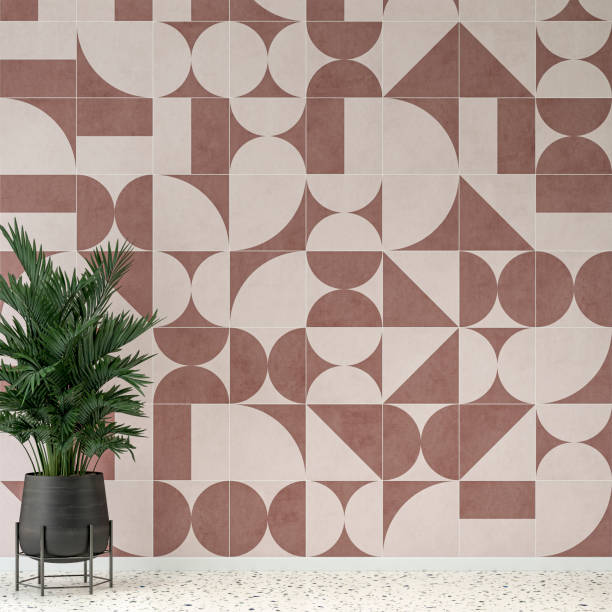 istock Empty unfurnished interior with geometric shape tiled wall background and potted plant (palm tree) retro 80's style 1389626706