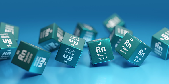Radon (Rn) - radioactive chemical element, rare gas - used in geology, medicine. Promotional education periodic symbol, sign, element 3D render.