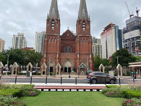 Xuhui District, Shanghai, China-September 11, 2021:  Xujiahui Area is an important business and culture sub-center in Shanghai. Here is Xujiahui Catholic Church.