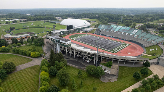 September 26, 2023: Kansas City Missouri - Aerial view of Arrowhead Stadium, home to the Kansas City Chiefs. Downtown Kansas City is in the background.