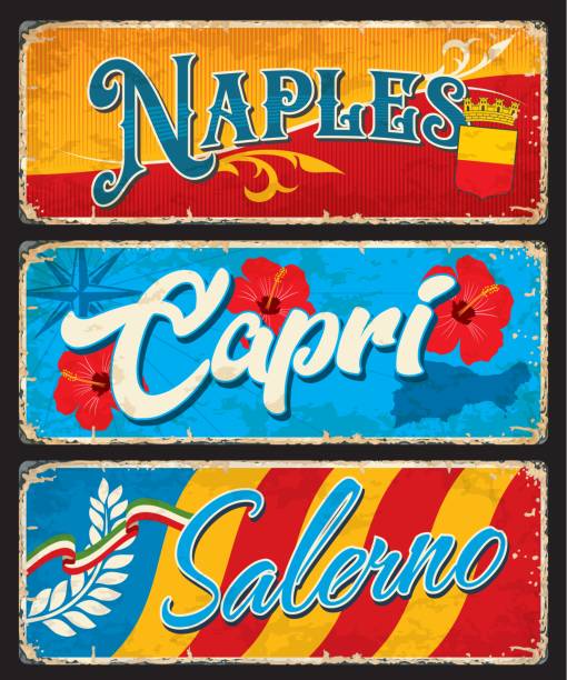 Naples, Salerno cities and Capri island tin sings Naples, Capri, Salerno italian travel stickers and plates. European cities and island tin signs or vintage vector stickers. Italy travel postcards with rhododendron flowers, flag and Coat of Arms amalfi coast map stock illustrations