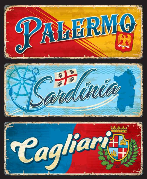 ilustrações de stock, clip art, desenhos animados e ícones de palermo, cagliari cities, sardinia island plates - italy map vector sicily