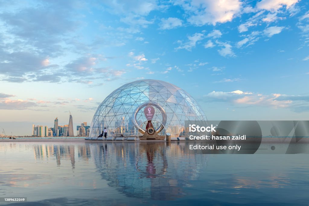 Qatar World cup 2022 count down clock FIFA World Cup Qatar 2022 Official Countdown Clock unveiled with one year to go Qatar Stock Photo