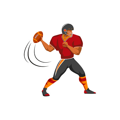 Quarterback or kicker running back american football player, vector character. American football sport team player halfback, tailback or fullback receiver with ball in action