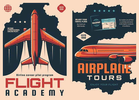 Flight academy and airplane travel vector posters, aviation school and air tours. Aircraft pilots academy and aviation education or training center of avia instructors, charter airlines travel