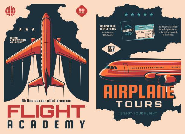 Flight academy and airplane travel vintage posters Flight academy and airplane travel vector posters, aviation school and air tours. Aircraft pilots academy and aviation education or training center of avia instructors, charter airlines travel charter stock illustrations