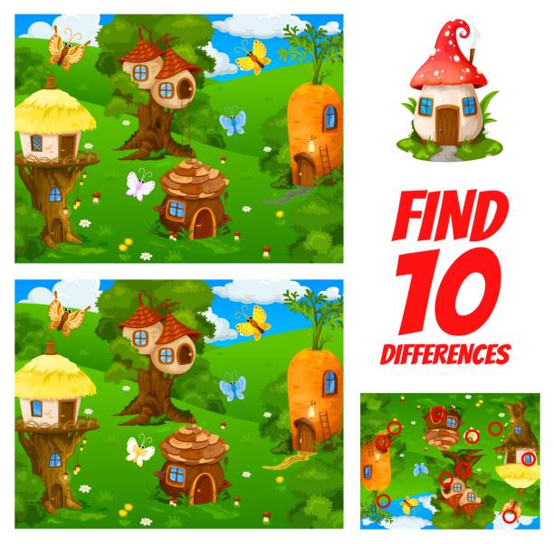 illustrations, cliparts, dessins animés et icônes de trouvez dix différences dans le quiz pour enfants du village gnome - pit house