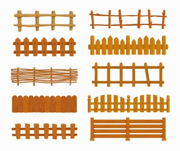Cartoon wooden fence vector set, garden palisade Cartoon wooden fence vector set, garden or farm palisade, gates or balustrade with pickets. Enclosure railing, banister or fencing sections with decorative pillars. Wooden isolated fence and balusters enclosure stock illustrations