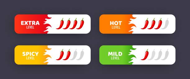 ilustrações de stock, clip art, desenhos animados e ícones de spicy level sticky labels, vector savory food - chili pepper illustrations