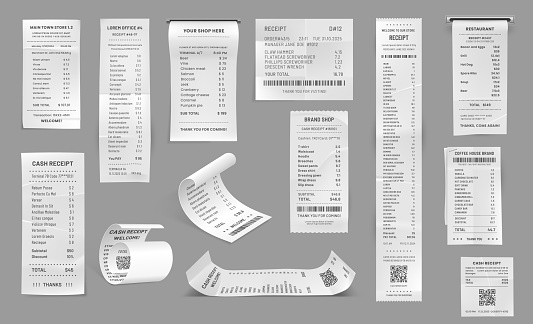 Shop receipt, cash paper bill, purchase invoice. Vector supermarket shopping retail sum check and total cost store sale payment, 3d isolated filled cheque blanks with qr and bar codes, realistic set