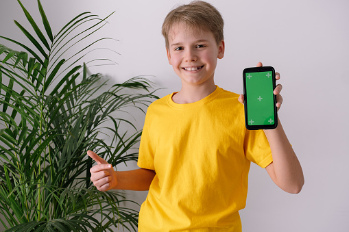 Educational App. Happy Blond Schoolboy Pointing At Smartphone With Blank Screen In His Hand, Recommending New Application On Chromakey Background, Mockup