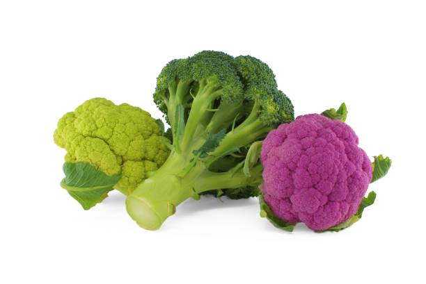 istock Fresh colorful cauliflowers and broccoli on white 1389634398