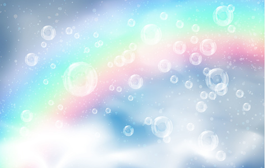 realistic bubbles and white smoke on the background of a rainbow and a blue sky with clouds