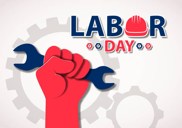 Celebrating the International Labor Day in 1st May with hand holding wrench on gear wheels background showing the right of labor