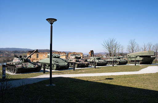 Karlovac, Croatia - March 24, 2022: Open-air museum dedicated to the Croatian Homeland War (or Croatian War of Independence) in Turanj (Karlovac). Selective focus