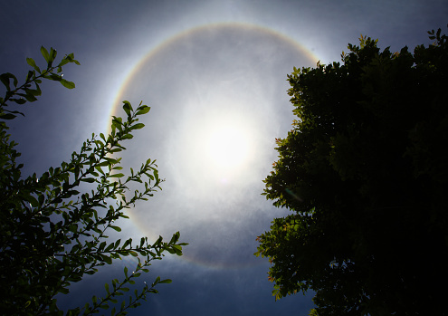 Sun be encircled by a halo, Sun with circular rainbow sun halo occurring