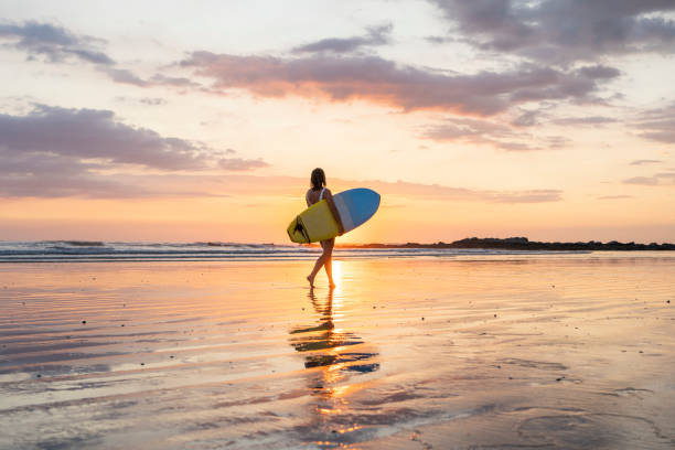 Surfer girl silhouette on the beach at sunset Surfer girl silhouette. Surf woman walking with surfboard on the beach. Golden hour beautiful colors golden hour stock pictures, royalty-free photos & images