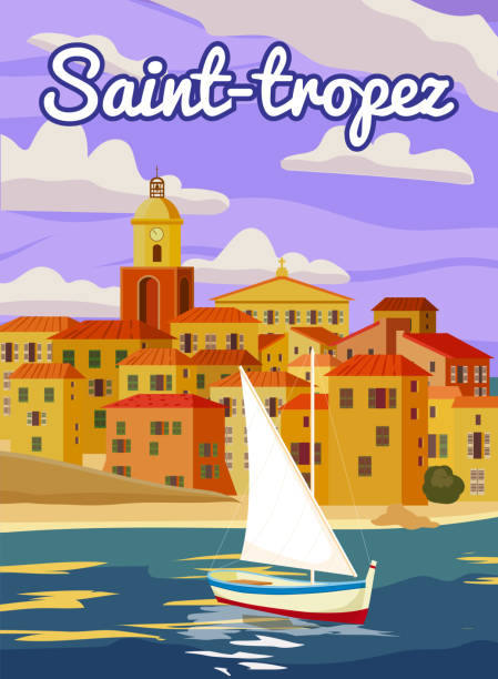 stockillustraties, clipart, cartoons en iconen met saint-tropez france travel poster, old city mediterranean, retro style. cote d azur of travel sea vacation europe. vintage style vector illustration - illustraties van middellandse zee