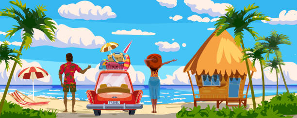 Couple on Vacation, red car with luggage bags, surfboard on the beach. Hut, bungalow, tropical seachore, palms, sea, ocean, back view. Vector illustration retro cartoon Couple on Vacation, red car with luggage bags, surfboard on the beach. Hut, bungalow, tropical seachore, palms, sea, ocean, back view. Vector illustration retro cartoon style isolated red beach chairs stock illustrations