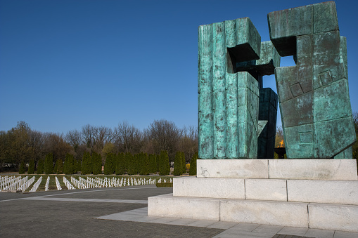 Vukovar, Croatia - March 28, 2022: Vukovar Memorial Cemetery. 938 white marble crosses, one in memory of each victim. The monument is made of patinated bronze with an eternal flame. Selective focus