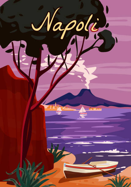 naples retro poster italia. mediterranean sea sailboat, smoke volcano vesuvius, coast, rock. vector illustration postcard - napoli 幅插畫檔、美工圖案、卡通及圖標
