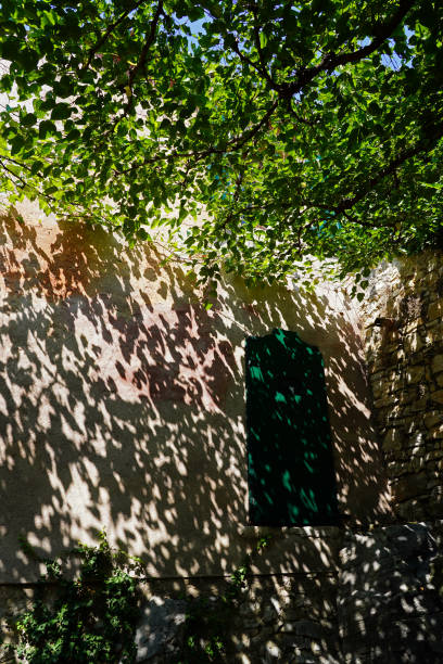 Beautiful effect of light and shadow on a wall, in summer.