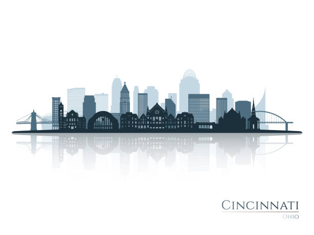 illustrations, cliparts, dessins animés et icônes de silhouette de l’horizon de cincinnati avec reflet. paysage cincinnati, ohio. illustration vectorielle. - cincinnati