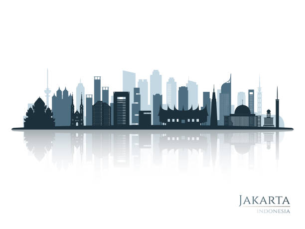 Jakarta skyline silhouette with reflection. Landscape Jakarta, Indonesia. Vector illustration. Jakarta skyline silhouette with reflection. Landscape Jakarta, Indonesia. Vector illustration. jakarta skyline stock illustrations